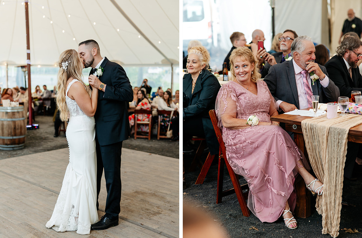 Bride and groom kiss during their first dance under the sailcloth tent at The Rosemary at Spano Lake while the groom's mom watches on and smiles