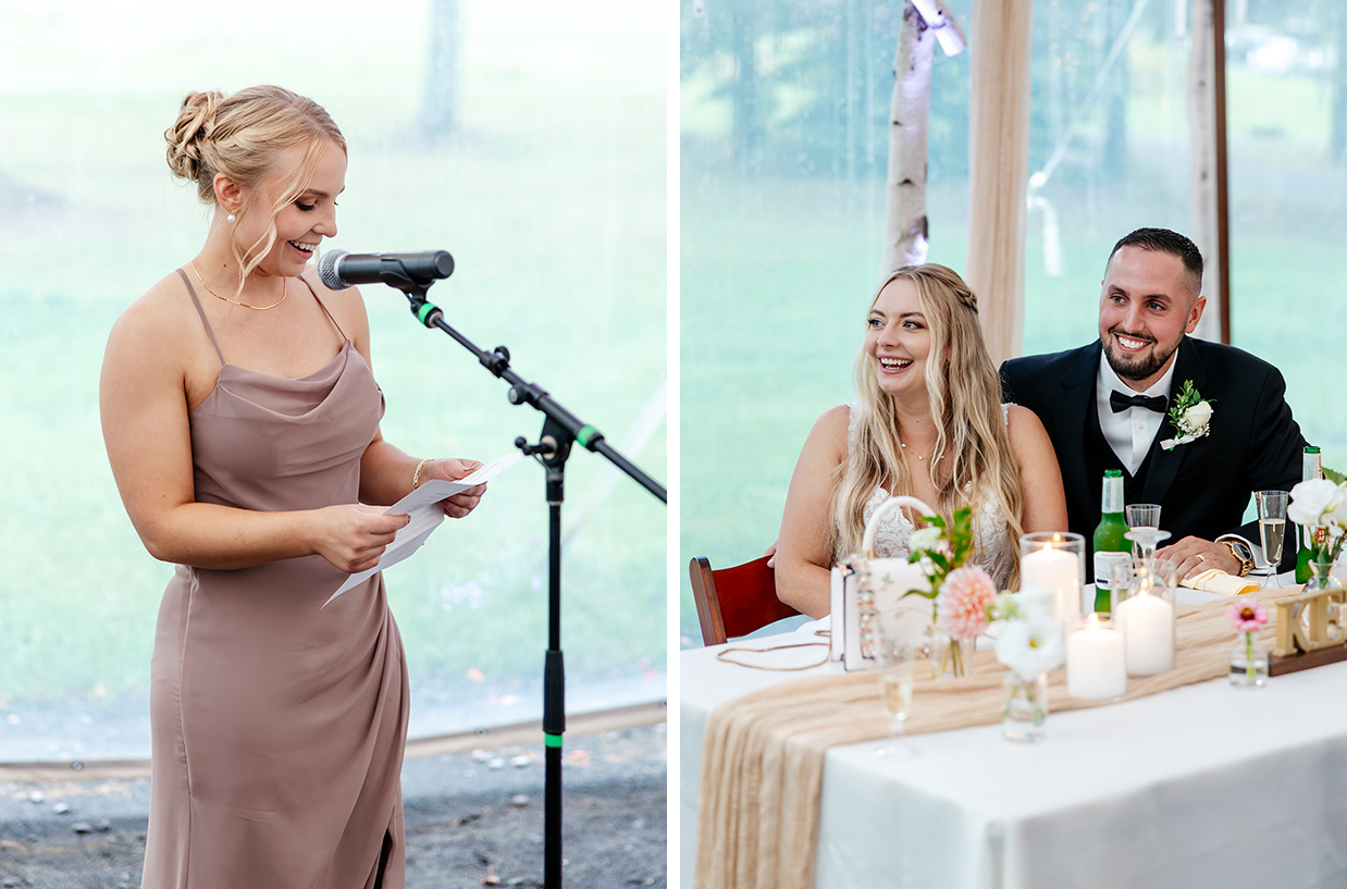 The Bride and groom smile and laugh while the maid of honor gives her speech