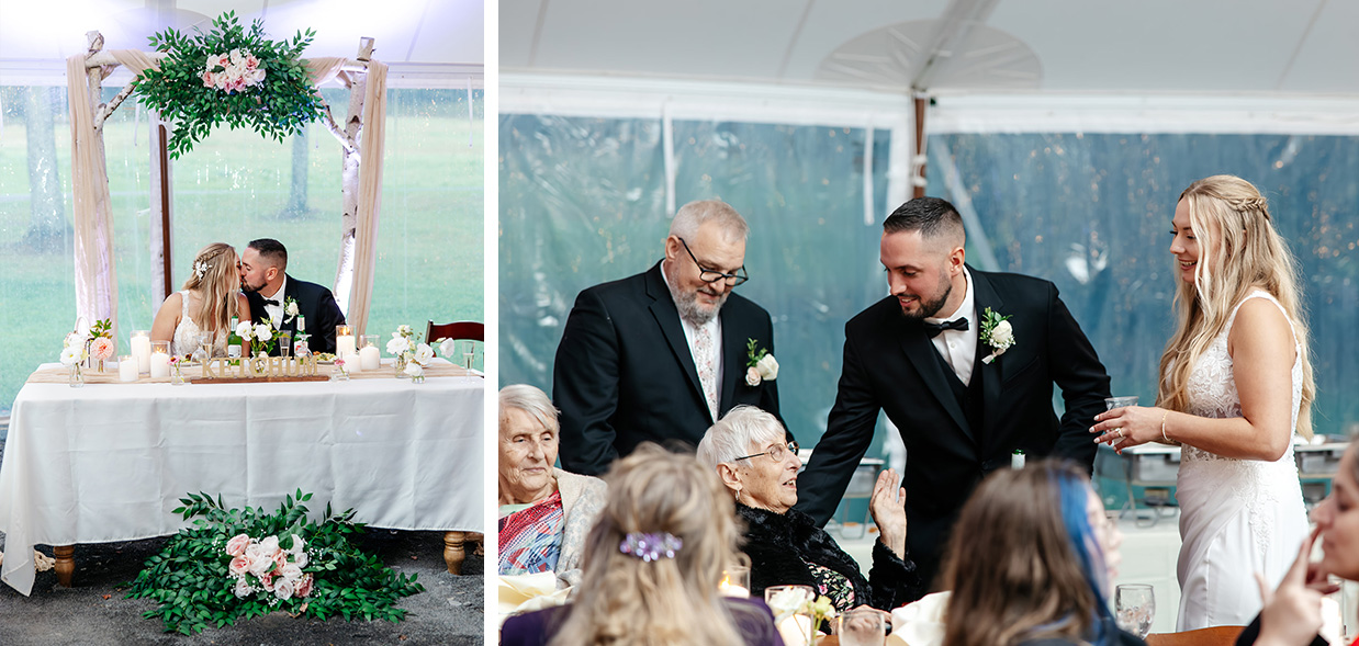 Bride and groom sitting at a sweetheart table share a kiss. Bride and groom talking to guests at their wedding