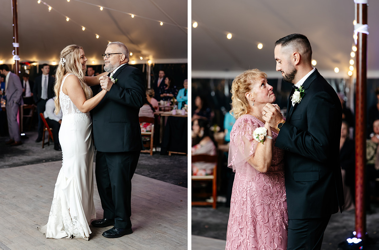 Bride dances with her dad and groom dances with his mom during their wedding at The Rosemary at Spano Lake in Schenevus, NY