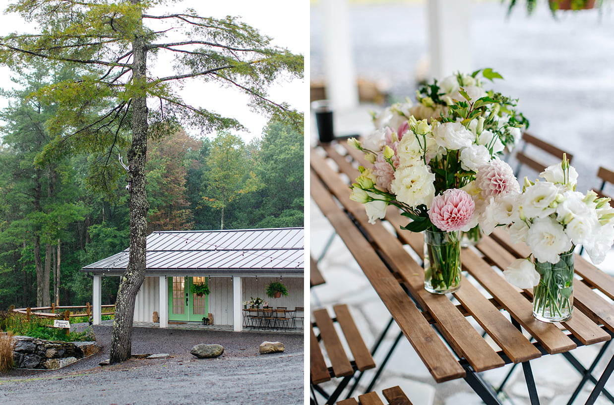 Exterior of the bridal suite at The Rosemary at Spano Lake. There are vases of pink and white flowers sitting on a table outside the suite