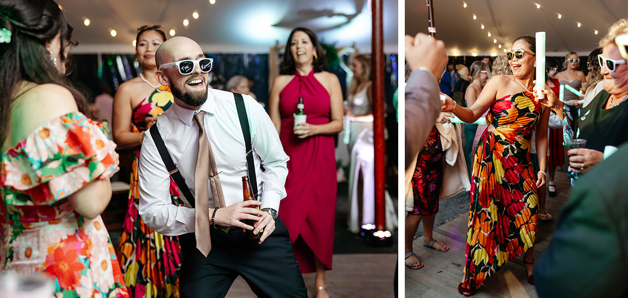 Guest in sunglesses and colorful wedding attire dance under a sailcloth tent with string lights