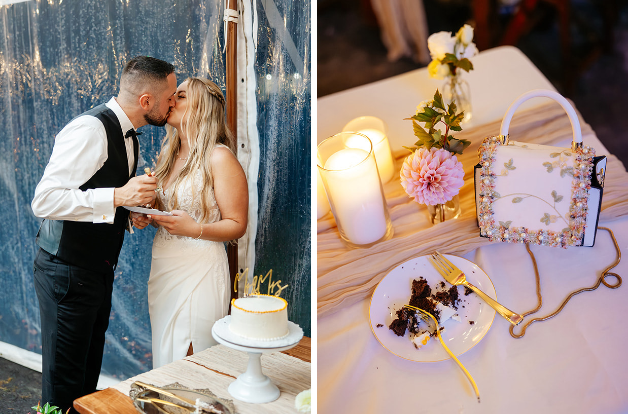 Bride and groom share a kiss after cutting their wedding cake. A piece of half-eaten cake is sitting on the table next to flowers, candles, and the brides purse