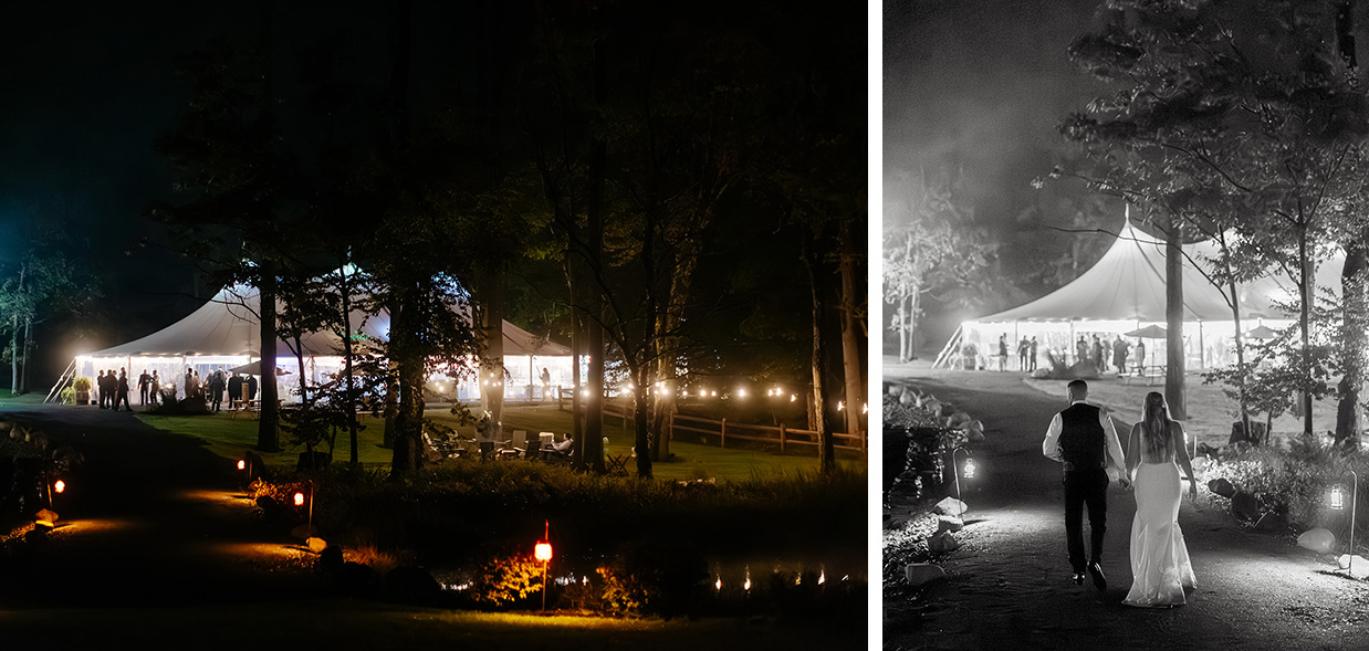 The tent at The Rosemary at Spano Lake lit up at night. The bride and groom are walking back up towards the tent