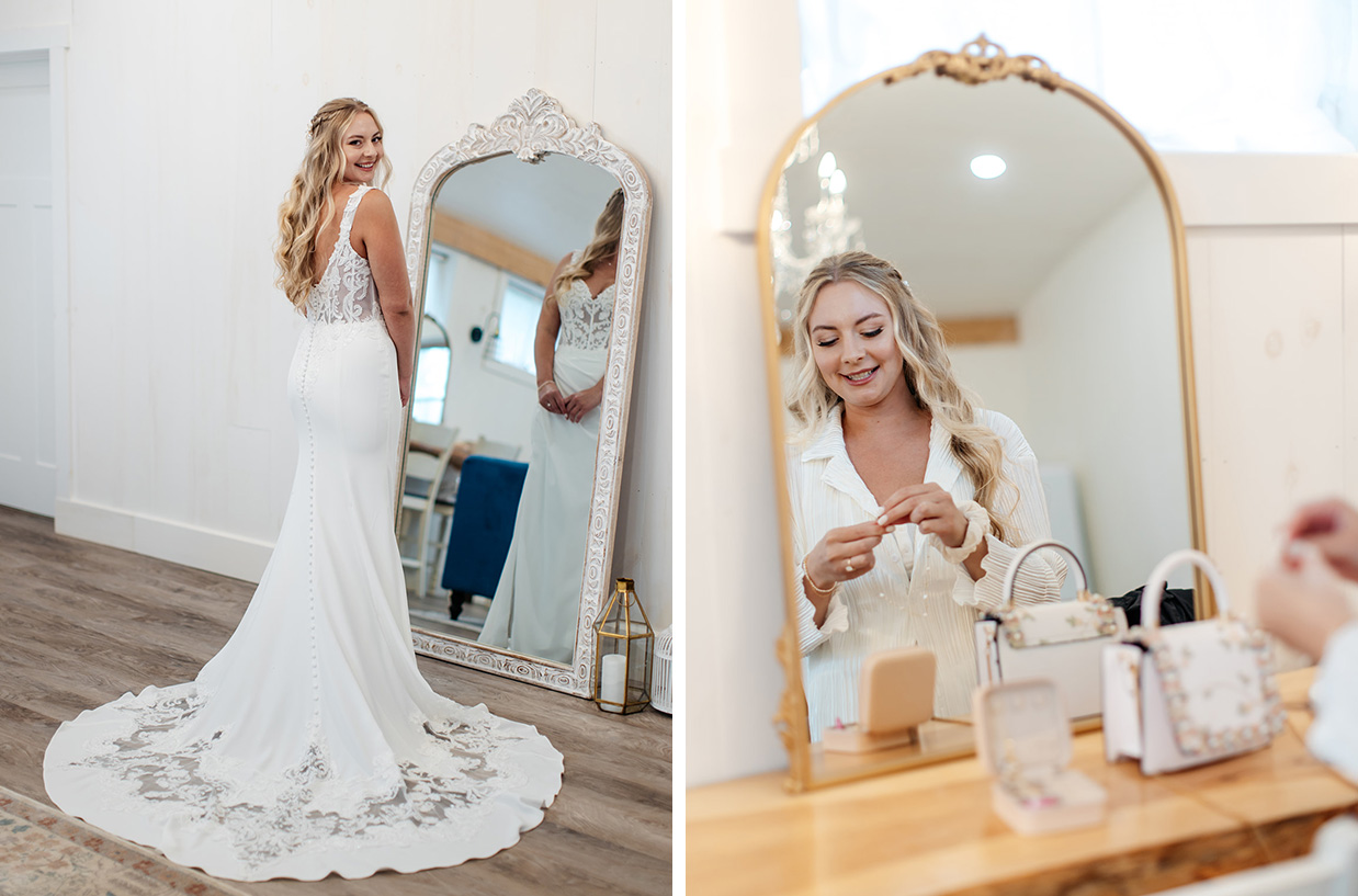 Bride putting on jewelry and standing in front of a full length mirror smiling