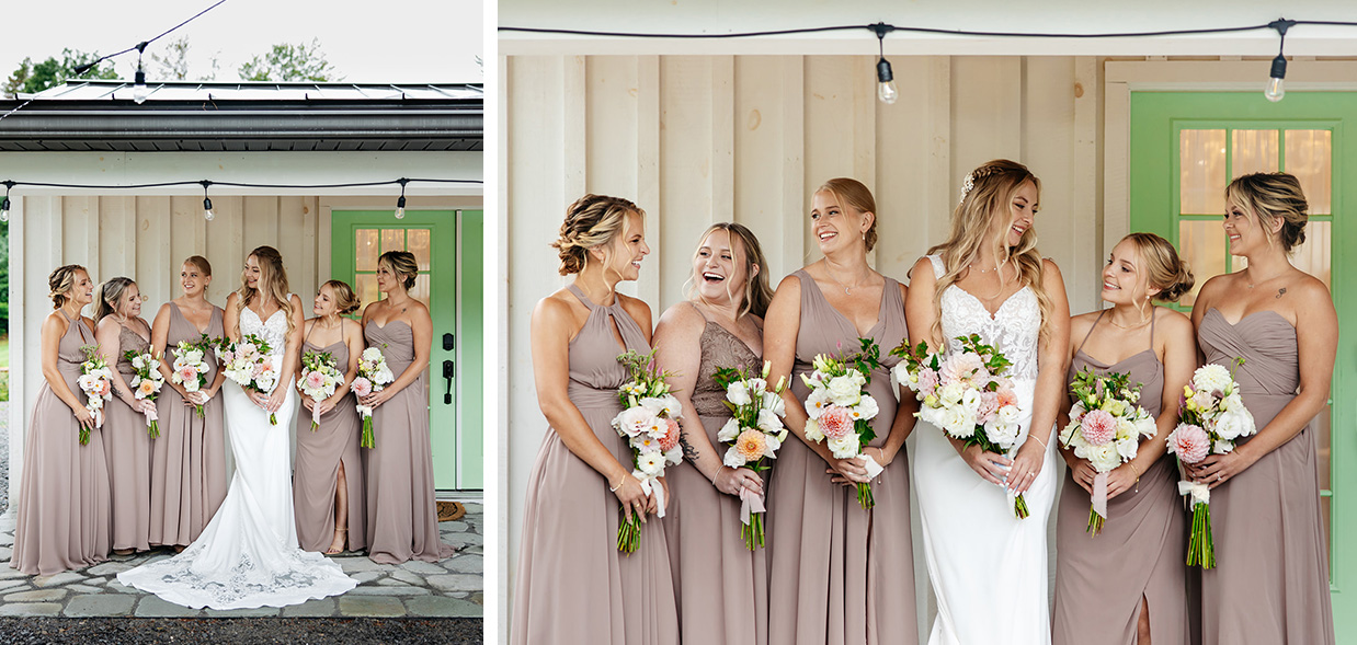 Bride and bridesmaids in dusty mauve dresses smiling for a photo on the porch of the bridal suite at The Rosemary at Spano Lake