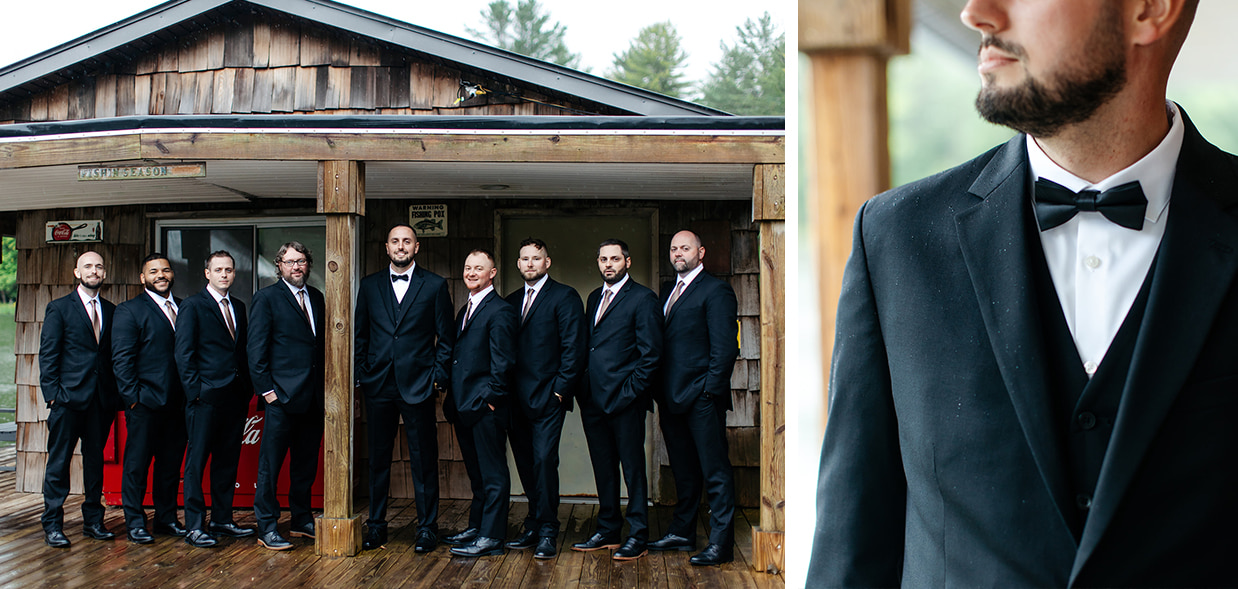 Groom and Groomsmen standing in front of The Boathouse at The Rosemary at Spano Lake, plus an up-close photo of the groom's tie with water droplets on his jacket