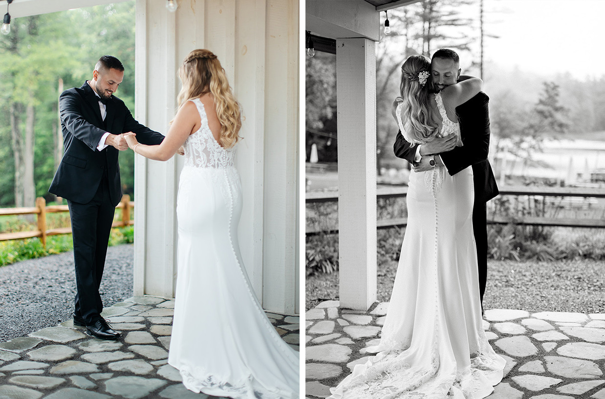 Groom smiling and hugging the bride after seeing her for the first time on the porch of The Rosemary at Spano Lake in Schenevus, NY