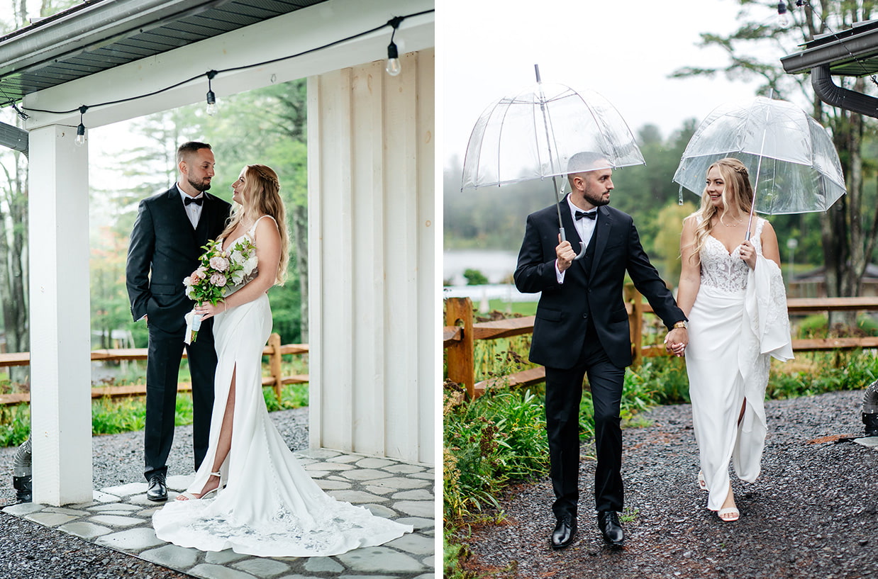 Bride and groom pose for photos under a porch and with clear umbrellas during rainy wedding day at The Rosemary at Spano Lake in Schenevus, NY