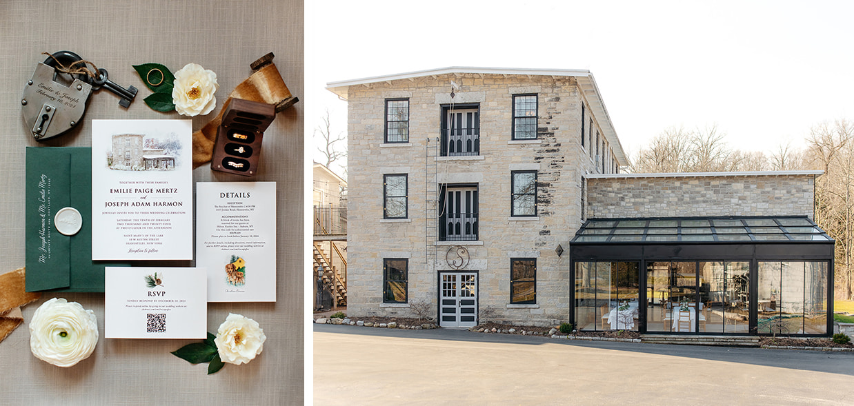 Wedding invitations and exterior of The Sinclair of Skaneateles wedding venue in Skaneateles NY
