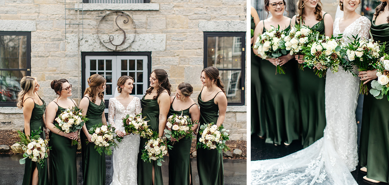 bride and bridesmaids smile and laugh outside of at The Sinclair of Skaneateles in Skaneateles NY