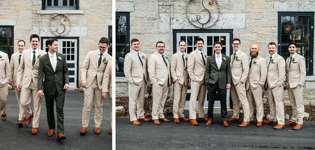 Groomsmen pose for photo outside of at The Sinclair of Skaneateles in Skaneateles NY