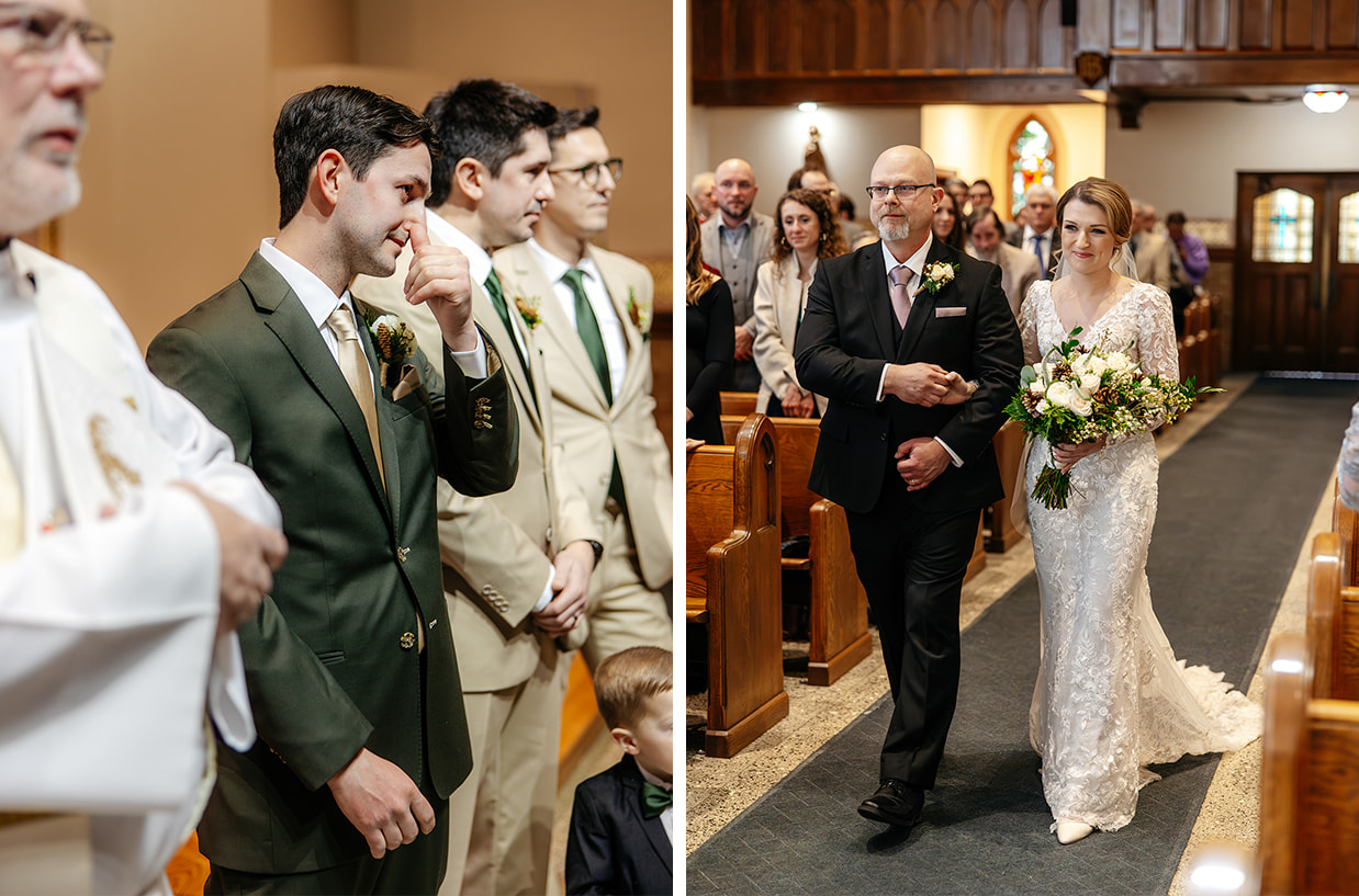 bride walks down the aisle while groom watches
