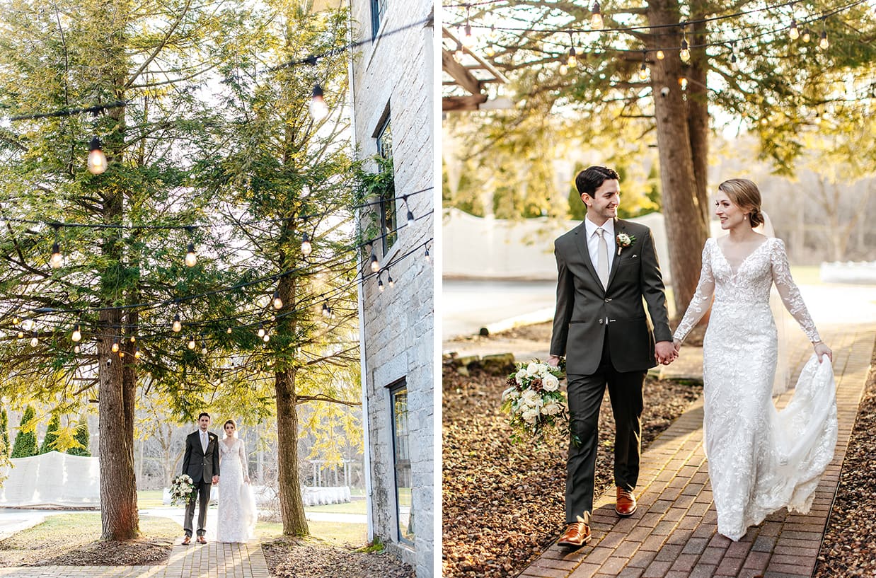 Bride and groom walk down a path at The Sinclair of Skaneateles in Skaneateles NY during golden hour