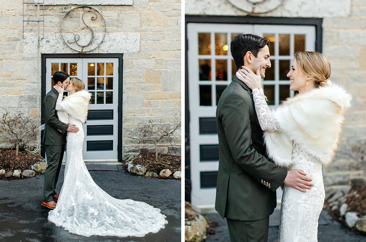 Bride and groom share a kiss outside of The Sinclair of Skaneateles in Skaneateles NY during their winter wedding