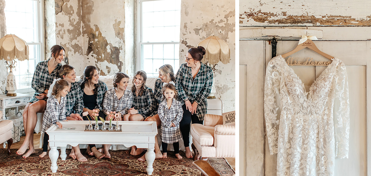 Bridesmaids in flannel pajamas smile and laugh in the bridal suite at the Sinclair of Skaneateles 