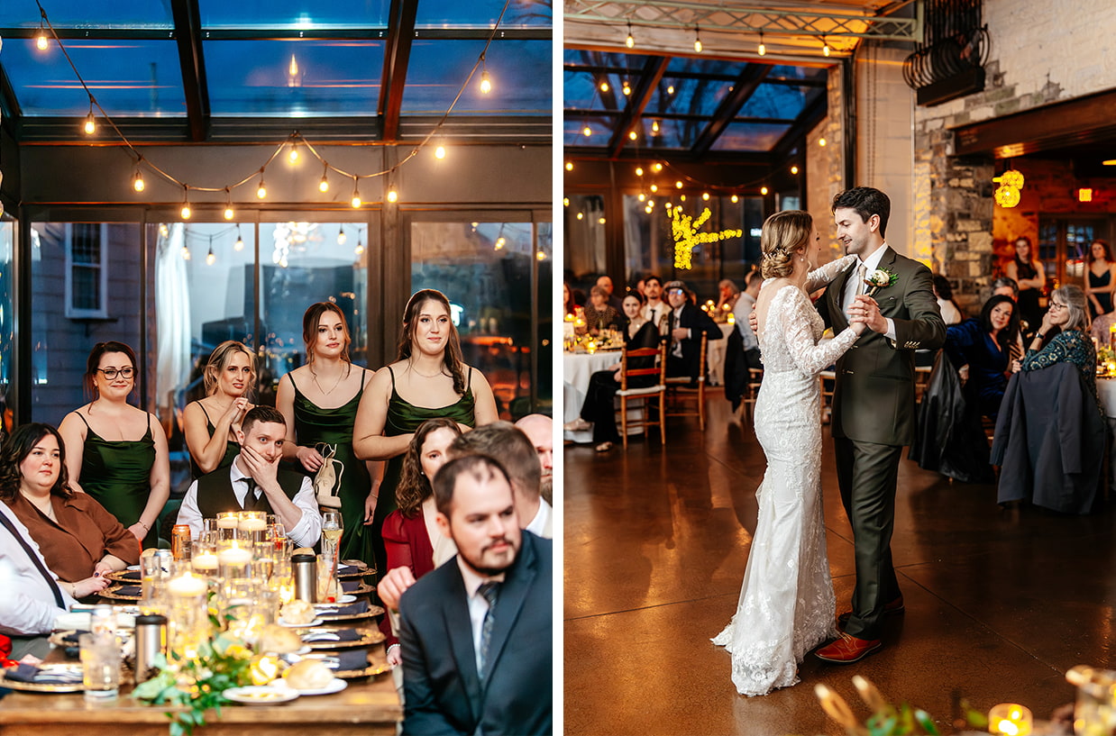 Bride and groom share their first dance at The Sinclair of Skaneateles in Skaneateles NY while bridesmaids and guests watch