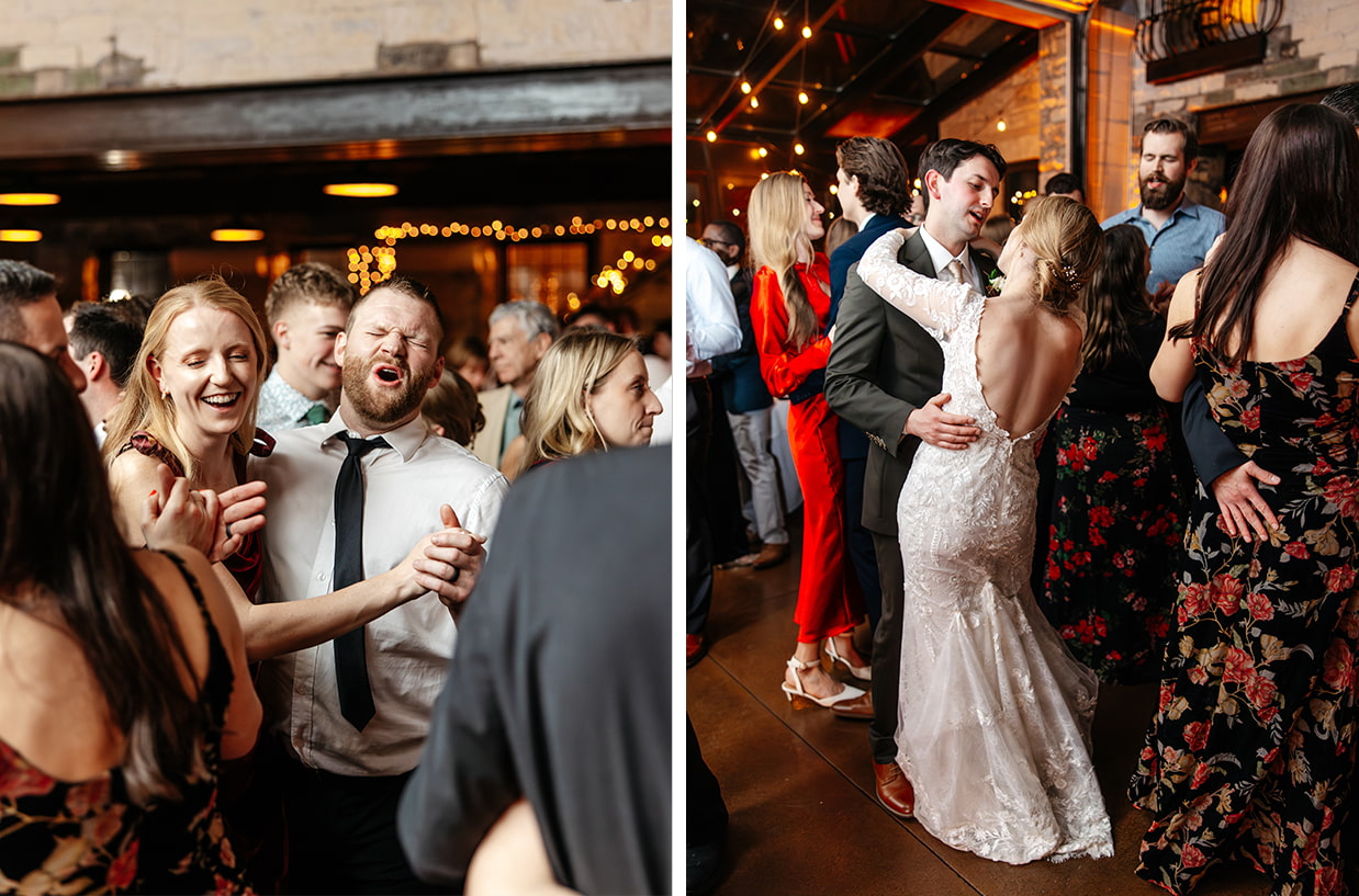 Bride and groom share a dance with guests on the dance floor at The Sinclair of Skaneateles in Skaneateles NY 
