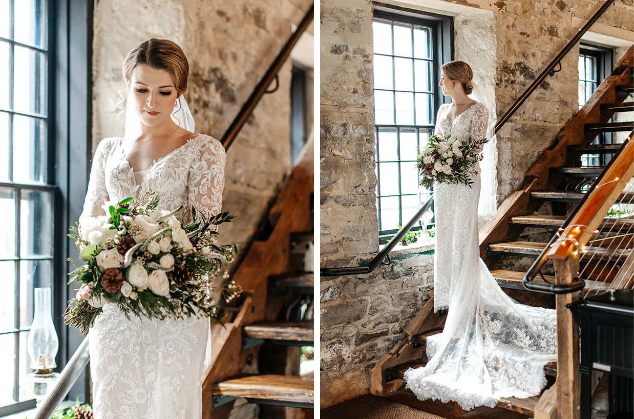 bride stands on the stairs of at The Sinclair of Skaneateles in Skaneateles NY