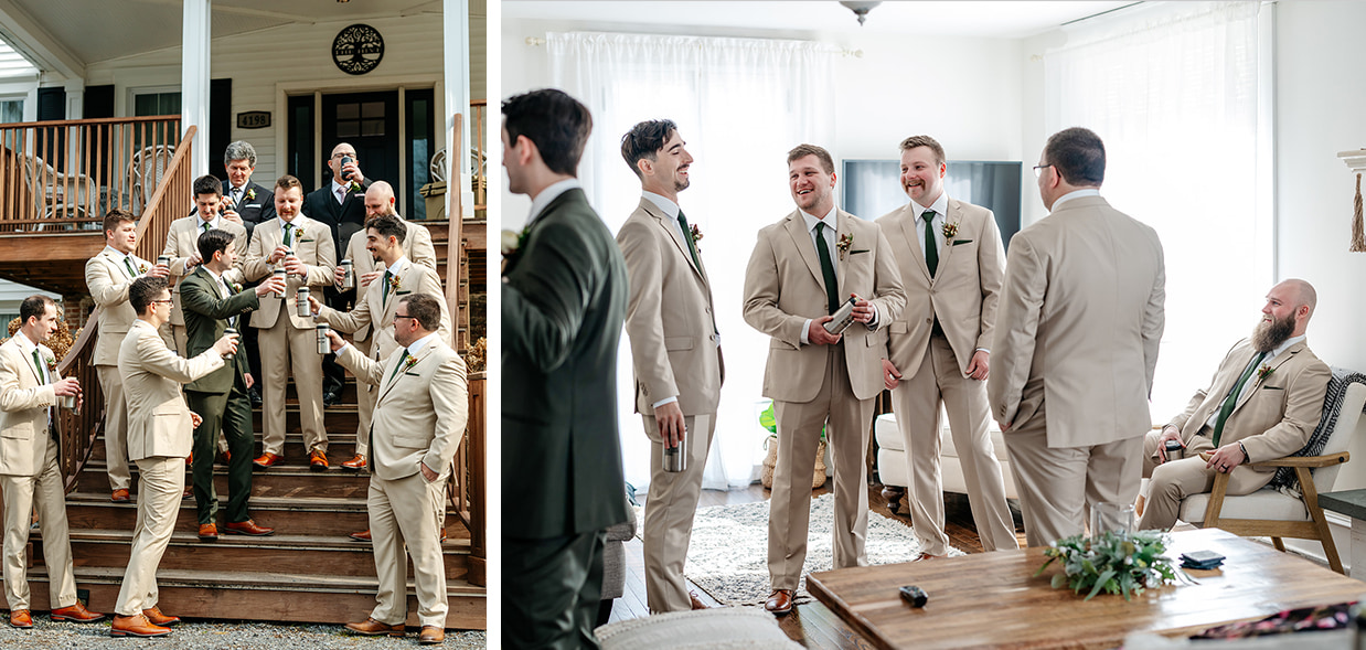 Groom in green suit and groomsmen in tan suits toast before wedding at The Sinclair of Skaneateles in Skaneateles NY