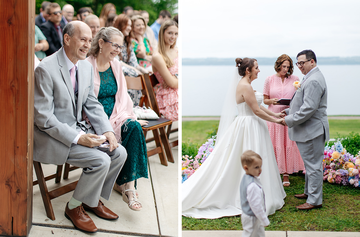 Bride and groom smile and laugh as guests look on during their ceremony at The Vista at Seneca Lake Resorts in Romulus, NY