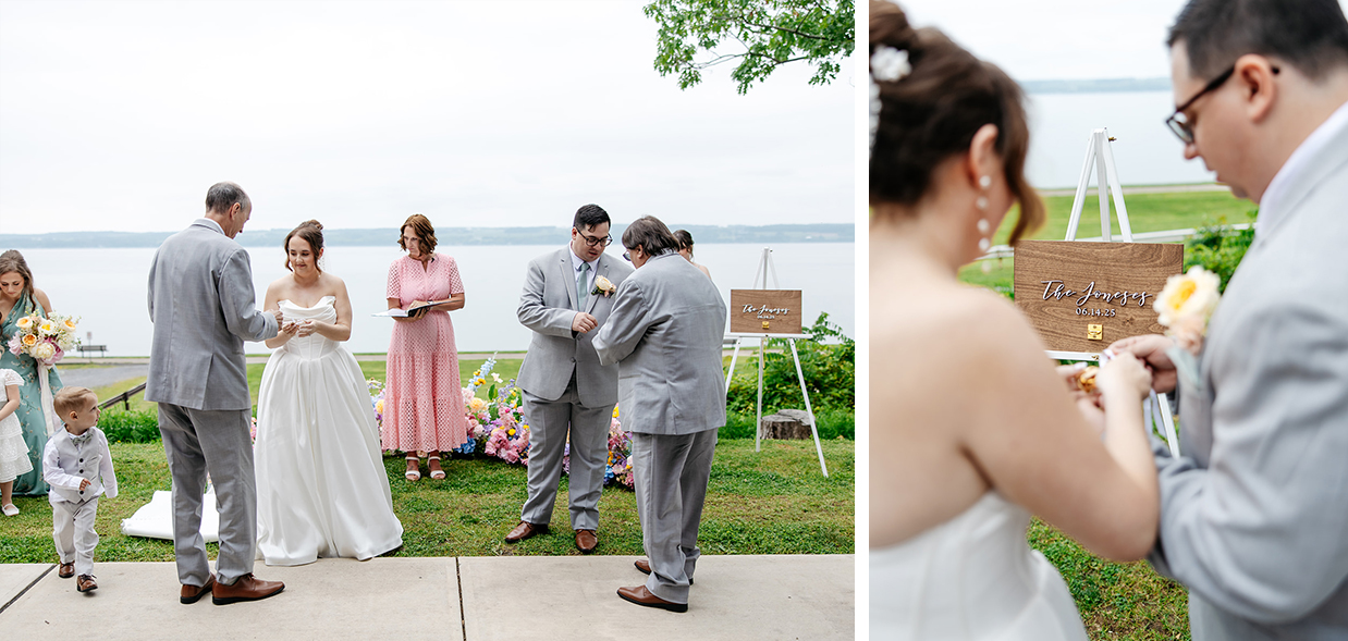 Bride and groom's fathers hand them locks to lock onto a sign with their new last name during their wedding ceremony