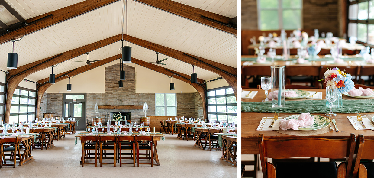 Beautiful wood and stone reception space with large windows at The Vista at Seneca Lake Resorts in Romulus, NY decorated in sage green and pick for a wedding