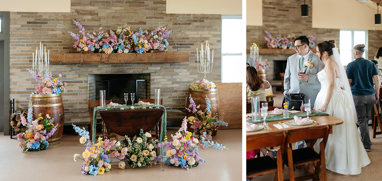 Stone fireplace decorated with pastel flowers for a wedding reception at The Vista at Seneca Lake Resorts