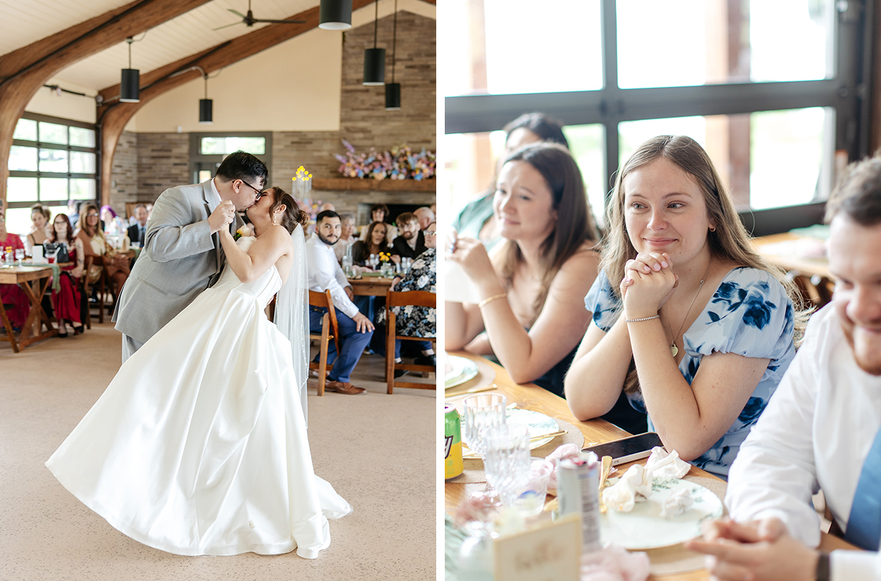 Bride and Groom share a kiss while groom dips bride and guests look on