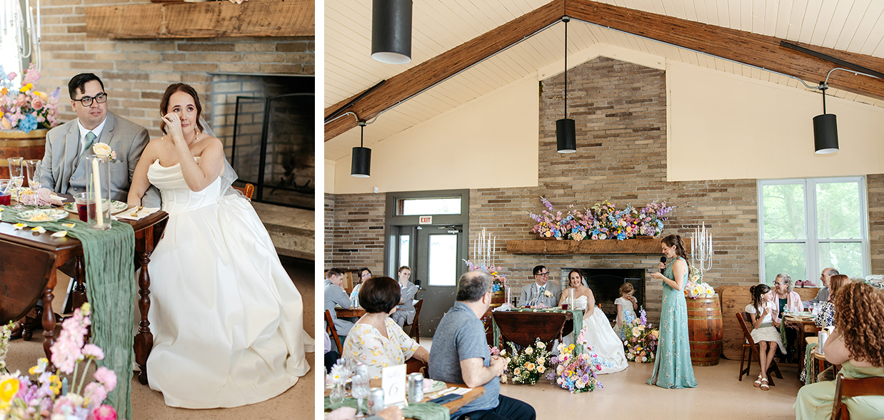 Maid of honor gives toast while bride wipes away tears in a reception space decorated with pastel flowers