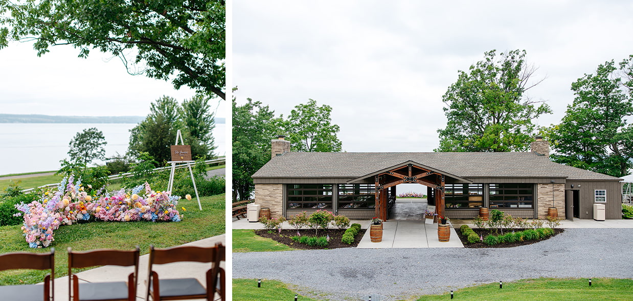 Lakeside ceremony space decorated with pastel flowers at The Vista by Seneca Lake Resorts in Romulus, NY