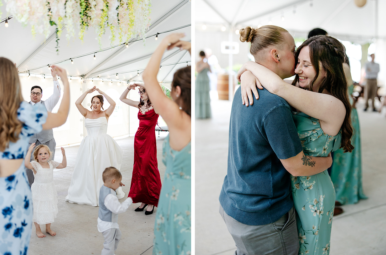 Bride and groom dance with their guests under a tent at The Vista at Seneca Lake Resorts in Romulus, NY