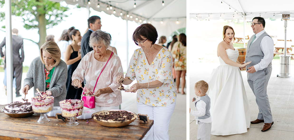 Bride and groom dance while guests serve themselves dessert