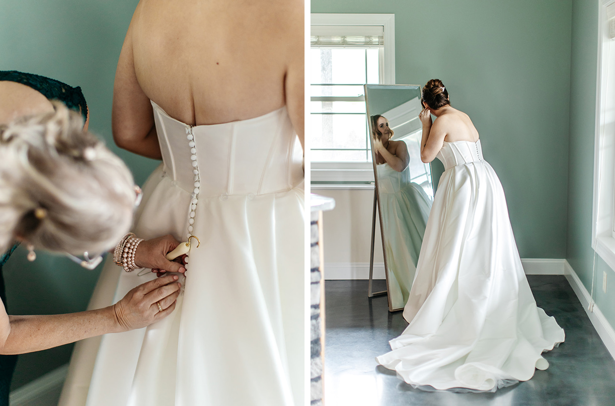 Bride gets dressed for wedding day in Lodi, NY rental property
