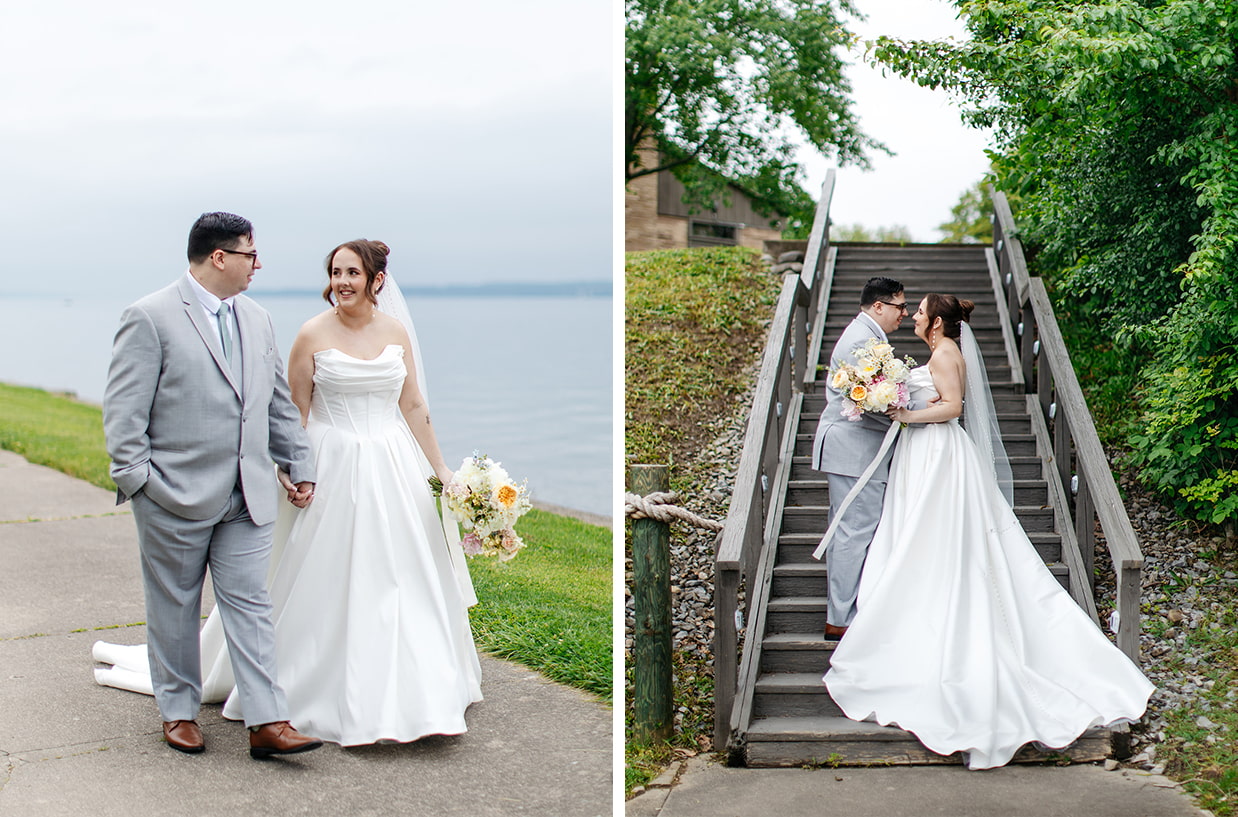 Bride and Groom walk by the water and smile at each other while standing on the stairs at The Vista at Seneca Lake Resorts in Romulus, NY