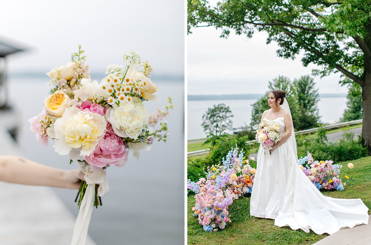 Bride stands surrounded by ceremony flowers overlooking Seneca Lake during her wedding at The Vista at Seneca Lake Resorts in Romulus, NY