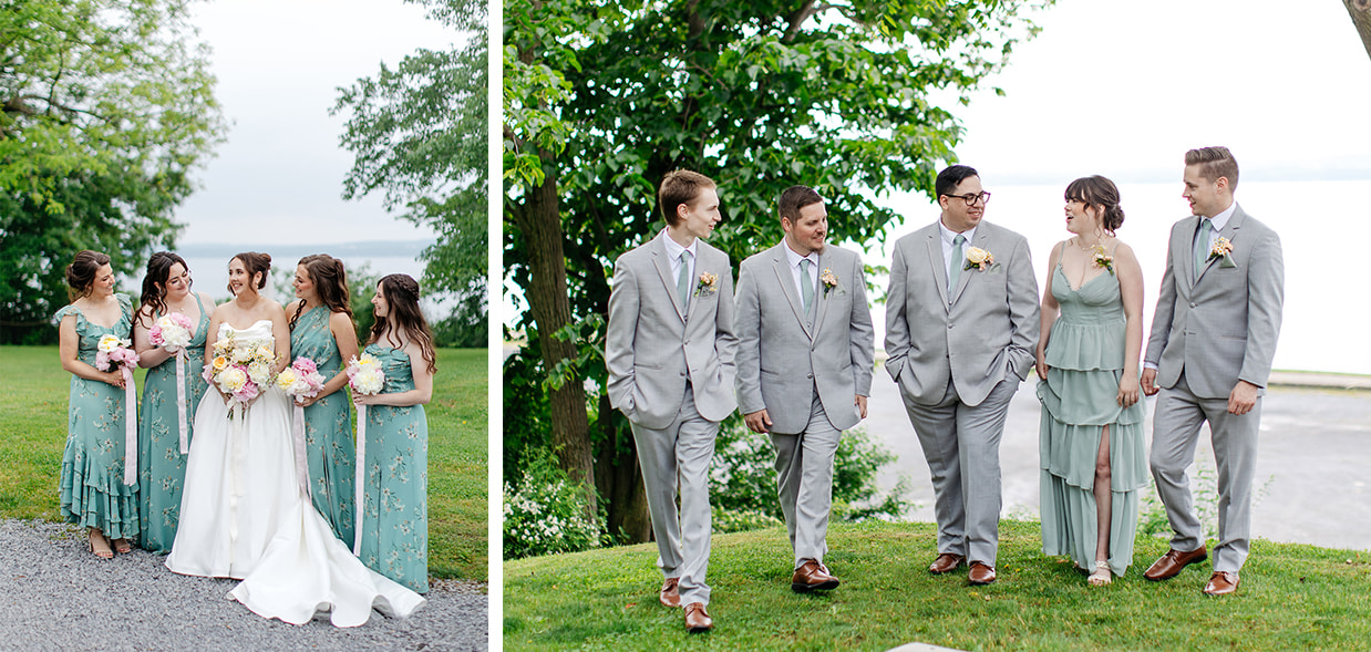 Bride and groom with their respective sides of their wedding party in front of Seneca Lake