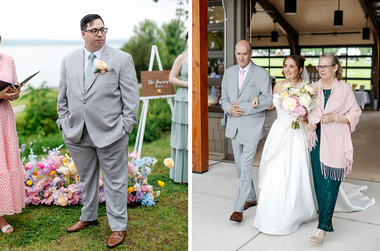 Bride walks down the aisle to groom during their wedding at The Vista at Seneca Lake Resorts in Romulus, NY