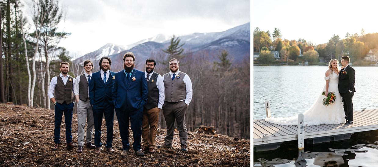 Wedding portraits in the Adirondacks featuring a mountain backdrop and lakeside dock setting