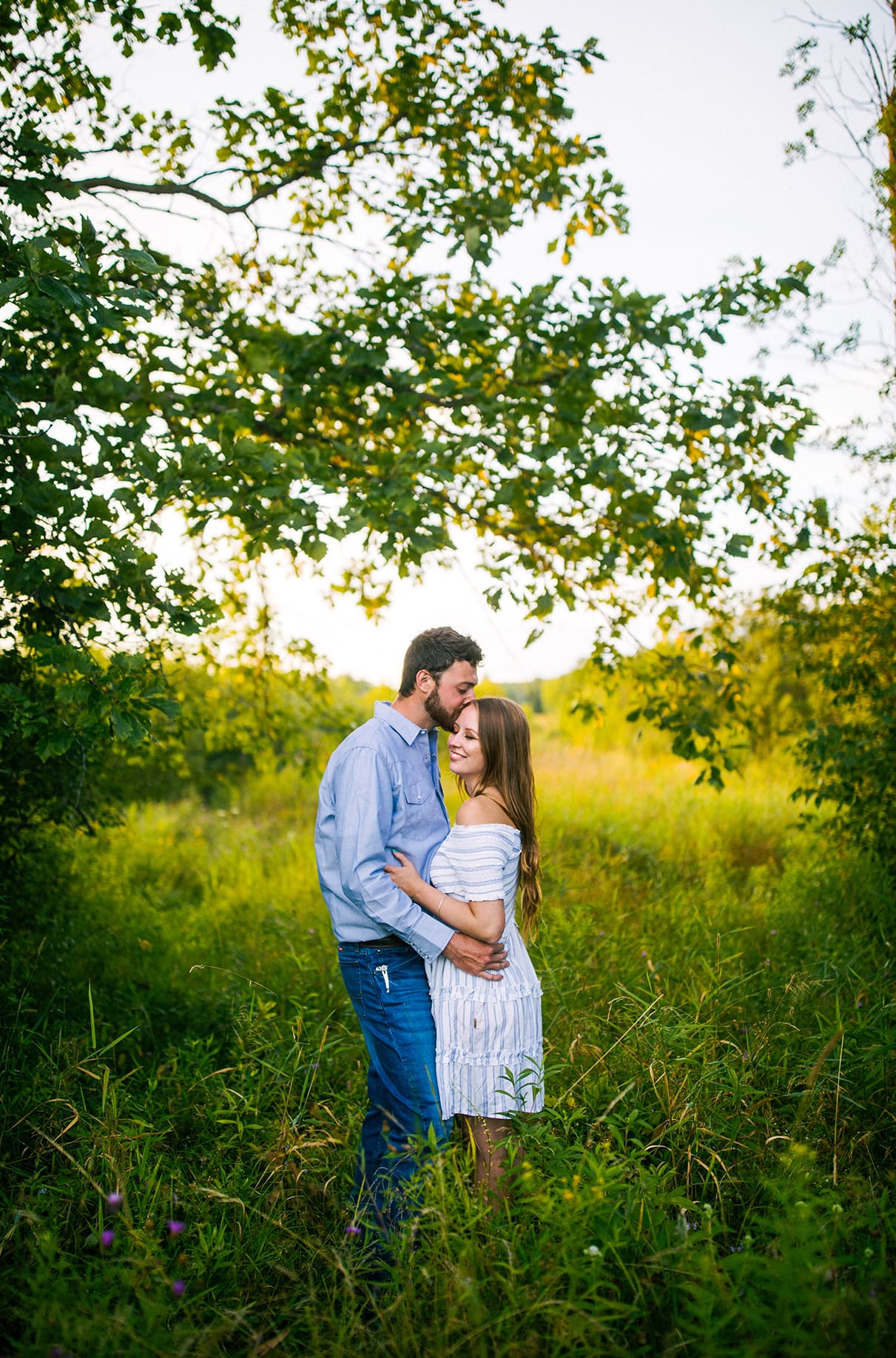 Couple embraces in field of tall grass during golden hour in Albany NY engagement session