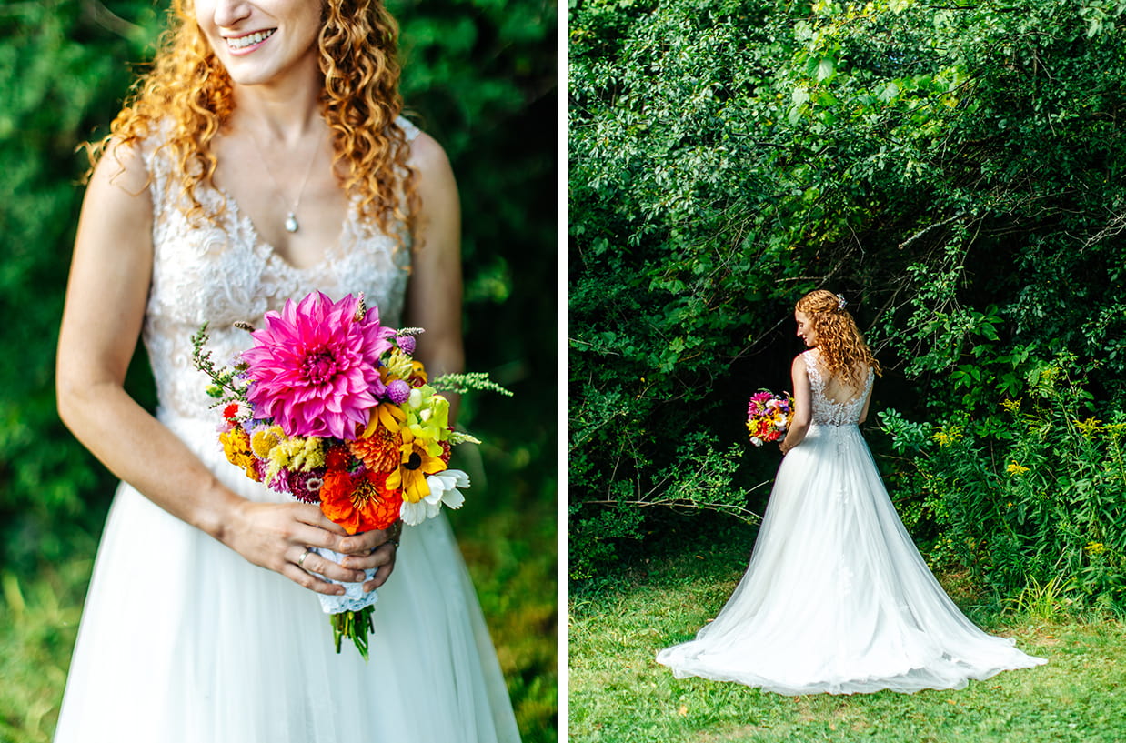 bride holds colorful pink, yellow, orange, and white bouquet and shows off the back of her dress