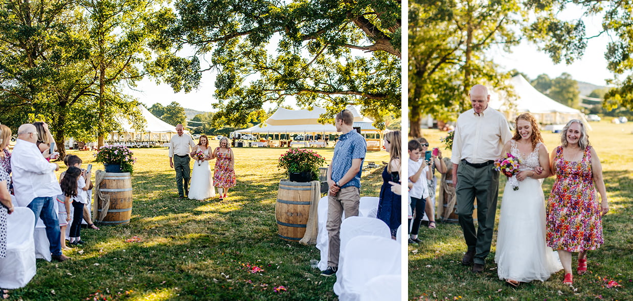 bride walks down the aisle with both her parents as the sun shines behind them at Apple Blossom Acres in Freeville NY