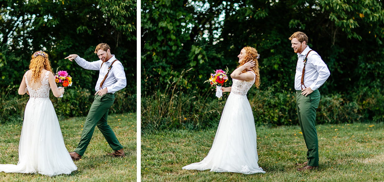 groom motions for bride to spin so he can see the back of her dress