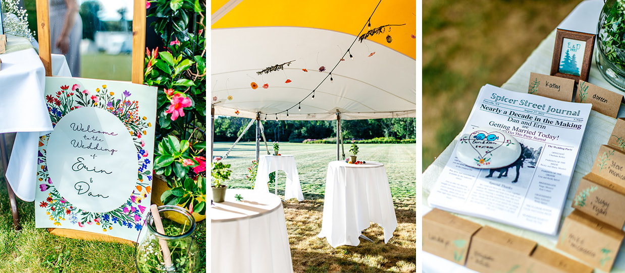 Reception tent and colorful wedding decor at Apple Blossom Acres in Freeville NY