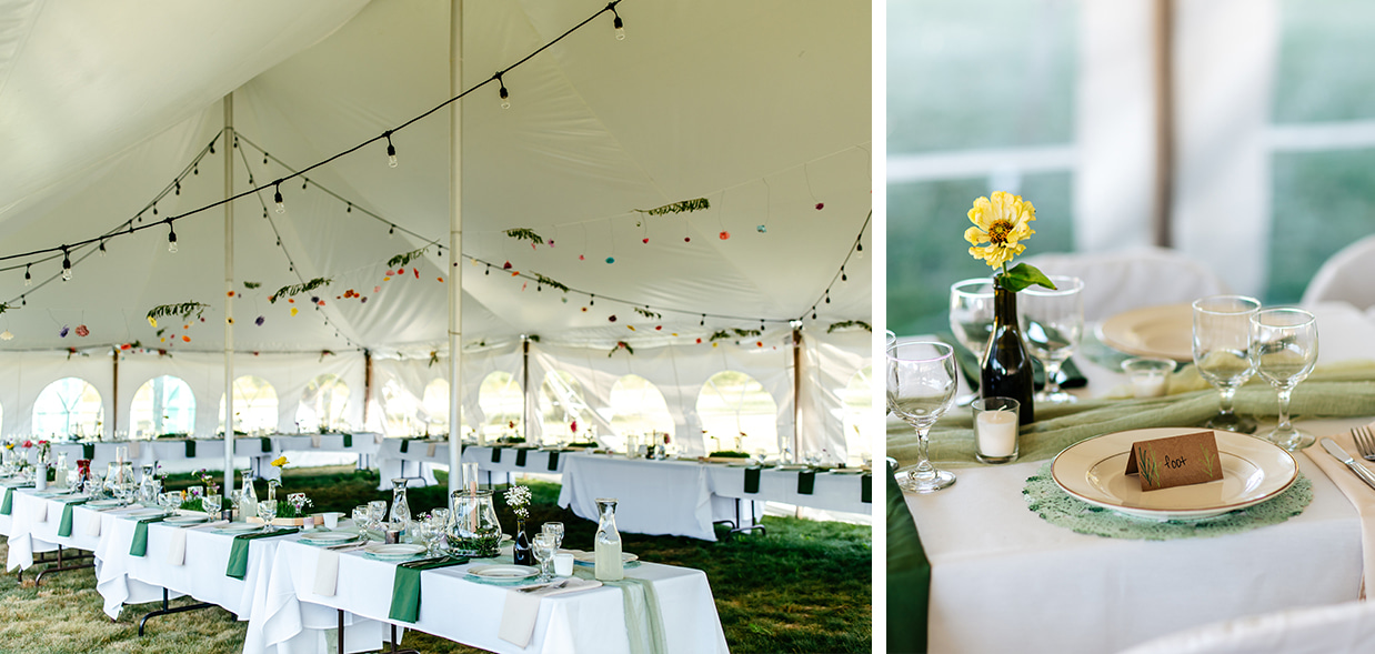 reception tent setup with string lights and hanging flowers. A table setting with a brown paper escort card and yellow flower in a bud vase