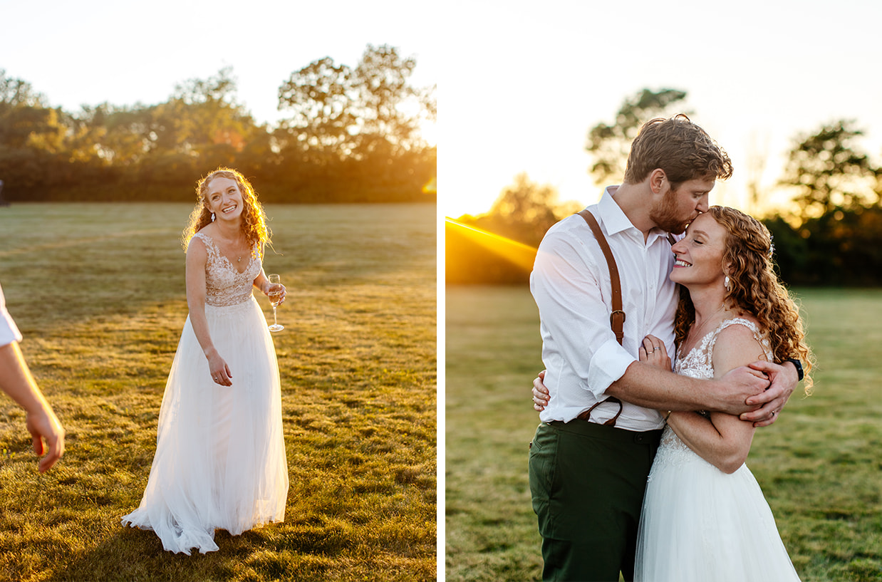 bride smiles and laughs while holding a wine glass and she and the groom embrace during golden hour at Apple Blossom Acres in Freeville NY