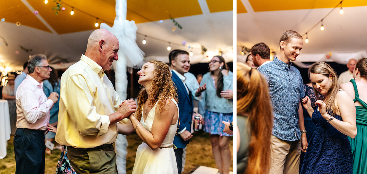 bride dances with her dad and guests dance together under a reception tent