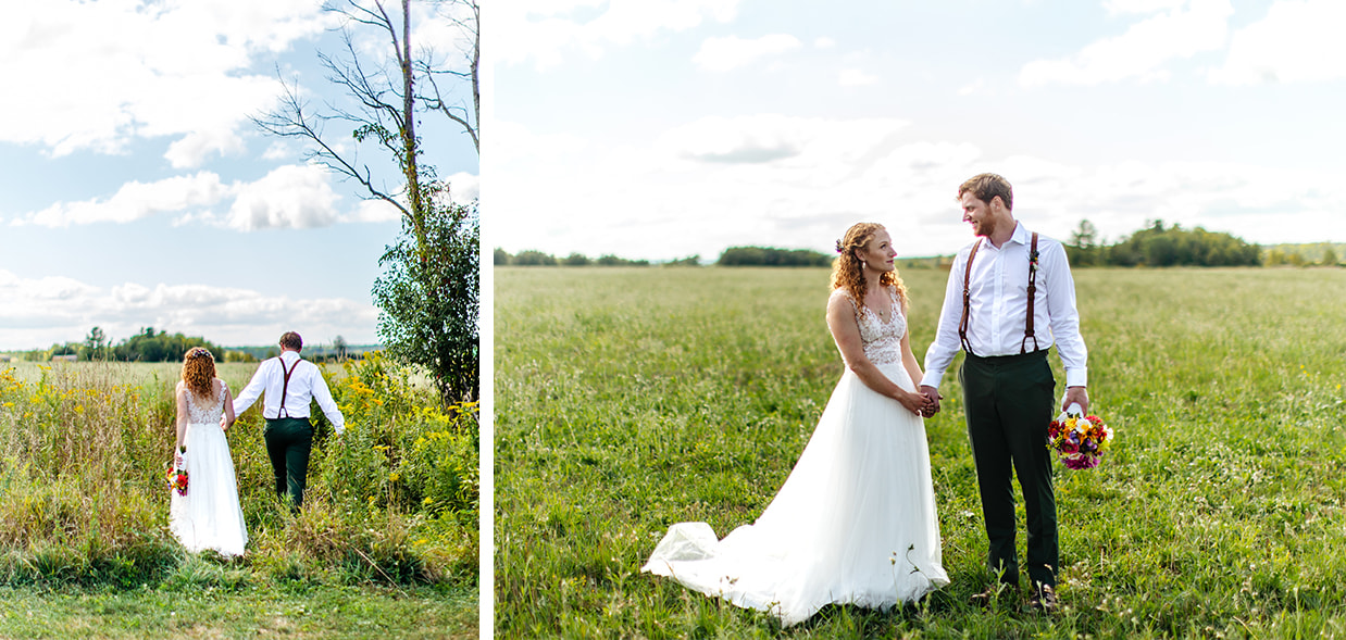Bride and groom walk through tall grass at Apple Blossom Acres in Freeville NY