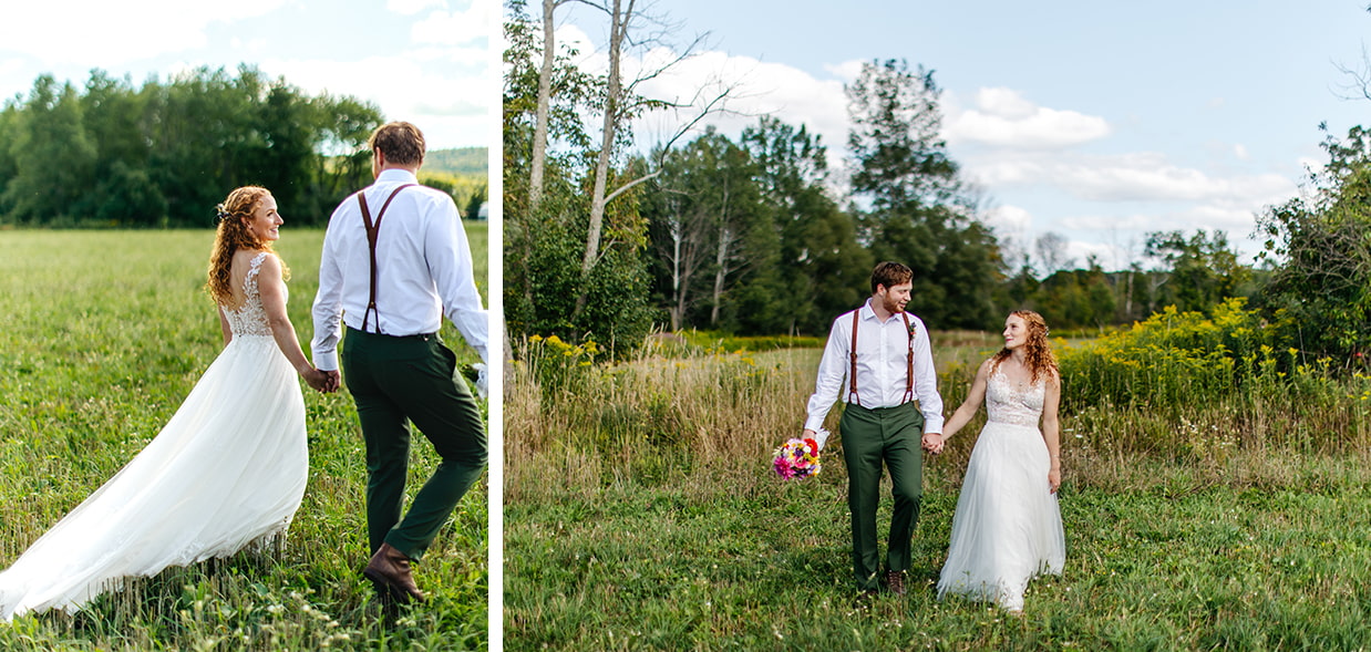 Bride and groom smile and hold hands while walking through a field at Apple Blossom Acres in Freeville NY