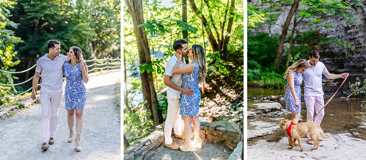 Couple holds hands and smiles for engagement photos at Cascadilla Gorge Trail in Ithaca NY